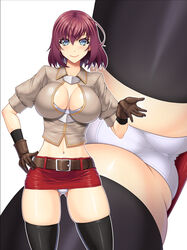  abu belt black_legwear blue_eyes bra breasts brown_belt brown_gloves brown_shirt closed_mouth cowboy_shot crop_top cropped_shirt female from_below gloves hand_on_own_hip large_breasts legs_apart looking_at_viewer microskirt midriff miria_(abu) mtu_virus multiple_views navel original panties red_hair red_skirt shiny_skin shirt short_hair simple_background skirt smile standing thighhighs thighs underwear upskirt white_background white_bra white_panties 