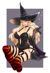  black_choker black_dress black_gloves blonde_hair blue_eyes breasts cape center_opening choker cleavage commentary_request crescent dress elbow_gloves eye_(mememem) female flask gloves halloween halloween_costume hand_on_own_hip hat highres invisible_chair kolin large_breasts long_hair looking_at_viewer no_bra official_alternate_costume orange_thighhighs outside_border over-kneehighs sitting solo strap_gap street_fighter street_fighter_v striped_clothes striped_thighhighs thighhighs thighs witch_hat 