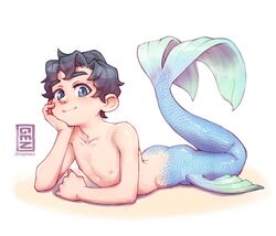  1boy absurdres artist_name black_hair blue_eyes dc_comics fins highres jonathan_kent justnetd looking_at_viewer male_child male_focus merman monster_boy nipples scales short_hair smile tail white_background 