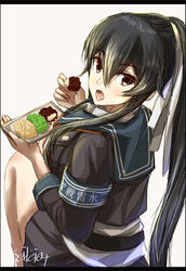  black_hair black_shirt black_skirt blush dress_shirt eating female hair_between_eyes hair_ribbon highres holding kantai_collection long_hair long_sleeves looking_back necktie ohagi_(food) open_mouth plate pleated_skirt ponytail ribbon sailor_collar sailor_shirt school_uniform seitei_(04seitei) serafuku shirt simple_background sitting skirt solo twitter_username uniform white_background white_ribbon yahagi_(kancolle) 