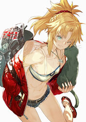  animal aqua_eyes backpack bag bandeau bare_shoulders belt blonde_hair braid breasts collarbone cutoffs denim denim_shorts fate/apocrypha fate_(series) feline female grin hair_ornament hair_scrunchie half_up_braid highres holding holding_animal jewelry long_hair long_sleeves looking_at_viewer mordred_(fate) mordred_(fate/apocrypha) navel necklace off_shoulder one_eye_closed pendant ponytail red_scrunchie scrunchie short_shorts shorts small_breasts smile thighs tokopi 