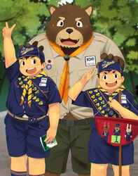  2021 absurd_res anthro bear bottomwear boy_scout brown_body brown_fur clothing fur group hat headgear headwear hi_res human humanoid_hands male mammal overweight schne11 scout_leader shirt shorts topwear young 