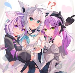  !? 3girls absurdres ahoge animal_ear_fluff animal_ears arm_hug bare_shoulders bibi_(tokoyami_towa) black_shirt black_shorts blue_nails blue_neckerchief blush braid breasts cardigan cat_ears cat_girl cat_tail cleavage commentary_request demon_girl demon_tail detached_sleeves earrings fox_ears fox_girl green_eyes grey_cardigan hair_between_eyes hair_ribbon highres hololive hood hoodie hug jewelry long_hair looking_at_viewer medium_breasts midriff multiple_girls navel neckerchief nekomata_okayu nekomata_okayu_(1st_costume) open_cardigan open_clothes open_mouth pants purple_eyes purple_hair ribbon shirakami_fubuki shirakami_fubuki_(1st_costume) shirt short_hair short_shorts shorts sidelocks simple_background single_braid soma443 tail tearing_up tokoyami_towa tokoyami_towa_(jirai_kei) tongue tongue_out virtual_youtuber white_background white_hair white_hoodie white_pants white_shirt 