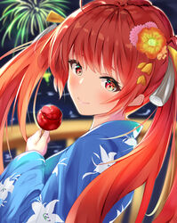  aerial_fireworks azur_lane blue_kimono bridge candy_apple commentary_request female fireworks floral_print flower food hair_flower hair_ornament highres holding holding_food honolulu_(among_the_stalls)_(azur_lane) honolulu_(azur_lane) japanese_clothes kanaya604 kimono looking_at_viewer night official_alternate_costume red_eyes red_hair smile solo twintails water yukata 