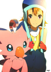  2015 ambiguous_gender avian bandai_namco beak biyomon blue_body blue_eyes blue_feathers blue_markings clothing digimon digimon_(species) duo eyebrows eyelashes feathers female hat headgear headwear human looking_at_viewer mammal markings moxie2d pink_body pink_feathers signature smile sora_takenouchi tuft 