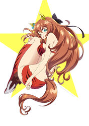  ;p animal_ears animal_print back bikini black_bow black_bowtie blue_eyes boots bow bowtie brown_hair closed_mouth commentary_request cosplay ear_covers female fetal_position floating full_body hairbow highres horse_ears horse_girl horse_tail knee_boots long_hair looking_at_viewer looking_back lum lum_(cosplay) maruzensky_(umamusume) one_eye_closed parody partial_commentary print_bikini print_footwear red_bikini red_footwear smile solo star_(symbol) swimsuit tail tiger_print tongue tongue_out tsuji_tomoko umamusume urusei_yatsura 