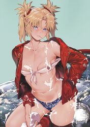  absurdres bandeau bare_shoulders blonde_hair blush braid breasts candy car closed_mouth collarbone commentary_request cutoffs denim denim_shorts fate/apocrypha fate_(series) female food food_in_mouth hair_ornament hair_scrunchie half_up_braid hand_in_pocket highres holding holding_sponge jacket lollipop long_hair long_sleeves looking_at_viewer mordred_(fate) mordred_(fate/apocrypha) mordred_(memories_at_trifas)_(fate) motor_vehicle navel off_shoulder open_clothes open_jacket parted_bangs red_jacket red_scrunchie scrunchie short_shorts shorts sidelocks small_breasts soap_bubbles solo sponge stomach thighs tokopi twintails washing_vehicle 