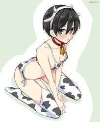  animal_ears animal_print asazuki_norito bell bikini black_hair blush breasts chinese_zodiac cleavage collar commentary_request cow_ears cow_horns cow_print cow_print_bikini cowbell fake_animal_ears fake_horns female full_body green_eyes hair_between_eyes hairband horns neck_bell pout print_bikini sagimiya_ryou short_hair side-tie_bikini_bottom sitting small_breasts solo swimsuit thighhighs twitter_username wariza year_of_the_ox zenbu_kimi_no_sei 