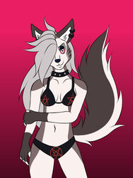  3:4 anthro bikini canid canid_demon canine clothing collar demon ear_piercing ear_ring female grey_body grey_hair hair hellhound helluva_boss hi_res looking_at_viewer loona_(helluva_boss) mammal mythological_canine mythological_creature mythology occult_symbol pentagram piercing quantum_lapiz red_sclera ring_piercing solo swimwear symbol 