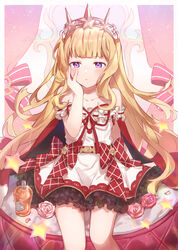  bare_shoulders blonde_hair bottle bow cagliostro_(granblue_fantasy) cape closed_mouth collarbone commentary dress female flower frilled_dress frills frown granblue_fantasy hand_on_own_cheek hand_on_own_face highres koori_(superumaice) long_hair multicolored_hair purple_eyes red_bow red_cape red_dress red_ribbon ribbon rose sitting star_(symbol) two-tone_hair very_long_hair white_dress 