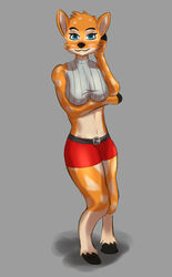  absurd_res alexandliberty anthro belt black_belt blue_eyes bottomwear clothed clothing deer female fur grey_clothing grey_sweater grey_topwear hi_res hooves liberty_doe_(alexandliberty) mammal multicolored_body multicolored_fur orange_body orange_fur red_bottomwear red_clothing red_shorts shorts smile solo sweater topwear white_body white_fur 