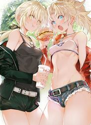  2girls aqua_eyes artoria_pendragon_(fate) bandeau bare_shoulders belt black_camisole black_jacket black_ribbon black_shorts blonde_hair blue_shorts blush braid breasts burger camisole collarbone cup cutoffs denim denim_shorts disposable_cup drinking_straw eating fate/apocrypha fate/grand_order fate_(series) food french_braid highres jacket jewelry long_hair long_sleeves looking_at_viewer low_ponytail micro_shorts mordred_(fate) mordred_(fate/apocrypha) mordred_(memories_at_trifas)_(fate) multiple_girls navel necklace off_shoulder official_alternate_costume open_clothes open_jacket open_mouth pendant ponytail red_jacket ribbon saber_alter saber_alter_(ver._shinjuku_1999)_(fate) short_shorts shorts sidelocks small_breasts thighs tokopi yellow_eyes 