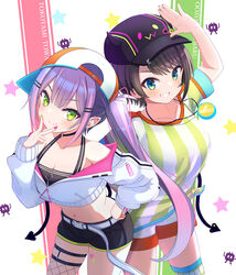  2girls absurdres backwards_hat banana_de_ikopon bare_shoulders baseball_cap blush breasts brown_hair character_name choker cleavage closed_mouth collarbone commentary cowboy_shot crop_top cropped_jacket fishnet_thighhighs fishnets from_above green_eyes grin hand_on_own_hip hat headwear_switch highres hololive leaning_forward long_hair long_sleeves looking_at_viewer loose_clothes loose_shirt midriff multiple_girls navel oozora_subaru oozora_subaru_(1st_costume) oversized_clothes oversized_shirt pointy_ears purple_hair romaji_text salute shirt short_hair short_shorts short_sleeves shorts sidelocks simple_background single_thighhigh smile starry_background sticker stopwatch striped_clothes striped_shirt swept_bangs t-shirt tail thighhighs tied_shirt tokoyami_towa tokoyami_towa_(1st_costume) twintails v_over_mouth vertical-striped_clothes vertical-striped_shirt very_long_hair virtual_youtuber white_shorts wristband 