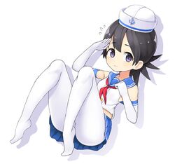  black_hair blue_sailor_collar blue_skirt bural_chingu commentary_request cosplay elbow_gloves female flying_sweatdrops full_body gloves hat korean_commentary last_origin looking_at_viewer midriff neckerchief pantyhose pleated_skirt purple_eyes red_neckerchief ribbon sailor sailor_collar sailor_hat salute seong_mi-na_(bural_chingu) simple_background sizeaton skirt solo thetis_(last_origin) thetis_(last_origin)_(cosplay) underwear white_background white_gloves white_pantyhose 