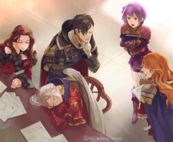  2boys 3girls armor armored_dress bare_shoulders bernadetta_von_varley black_cape black_hair blue_cape book boots brown_hair cape closed_eyes closed_mouth dorothea_arnault dress earrings edelgard_von_hresvelg ferdinand_von_aegir finger_to_mouth fire_emblem fire_emblem:_three_houses frilled_sleeves frills gauntlets gloves grey_eyes hair_over_one_eye holding holding_book hubert_von_vestra hugging_object index_finger_raised indoors jewelry long_hair long_sleeves looking_at_another multiple_boys multiple_girls open_mouth orange_eyes orange_hair paper ponytail purple_dress purple_footwear purple_hair purple_shorts red_armor red_dress short_hair short_shorts shorts shoulder_armor shushing side_ponytail sitting sleeping smile strapless strapless_dress suikomu_now table teeth tongue twitter_username wavy_hair white_gloves white_hair wide_sleeves yellow_eyes yellow_gloves 