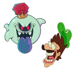  acstlu ambiguous_gender big_tongue blue_tongue boo_(mario) brown_hair clothing crown digital_media_(artwork) disembodied_head duo eye_bulge facial_hair ghost green_clothing green_headwear hair headgear headwear human humor king_boo luigi luigi&#039;s_mansion male mammal mario_bros nintendo not_furry red_eyes royalty scared scared_shitless simple_background spirit teeth tongue tongue_out white_background 