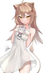  :t ahoge anger_vein animal_ears bare_arms bare_shoulders blush breasts brown_hair character_doll closed_mouth collarbone commentary_request dress female frilled_dress frills hair_intakes highres indie_virtual_youtuber lion_ears lion_girl lion_tail lolo_(vtuber) long_hair looking_at_viewer paid_reward_available pout rurudo_lion rurudo_lion_(1st_costume) signature simple_background sleeveless sleeveless_dress small_breasts solo sundress tail very_long_hair virtual_youtuber white_background white_dress z.m._(zimin) 