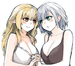  2girls :o blonde_hair blush breasts brown_eyes cleavage collarbone couple green_eyes grey_hair hair_behind_ear holding_hands hololive jewelry large_breasts long_hair multiple_girls parted_lips pointy_ears ring sazare_(sazare_az) shiranui_flare shirogane_noel short_hair virtual_youtuber wedding_ring white_background wife_and_wife yuri 