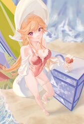  absurdres azur_lane bare_shoulders beach beach_umbrella breasts bridal_garter cleavage collarbone covered_navel female from_above full_body hat highleg highleg_swimsuit highres holding large_hat legs long_hair long_sleeves looking_at_viewer medium_breasts official_alternate_costume one-piece_swimsuit orange_hair outdoors parfait pink_one-piece_swimsuit purple_eyes richelieu_(azur_lane) richelieu_(fleuron_of_the_waves)_(azur_lane) sand sandals see-through shino_pupille solo standing standing_on_one_leg strappy_heels sun_hat swimsuit thigh_strap umbrella very_long_hair water white_bridal_garter white_footwear white_hat 