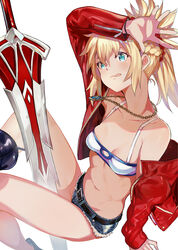  aqua_eyes bandeau belt blush boots braid breasts clarent_(fate) closed_mouth cutoffs denim denim_shorts fate/apocrypha fate_(series) female hair_ornament hair_scrunchie half_up_braid hand_up highres jacket jewelry licking_lips long_hair long_sleeves looking_at_viewer mordred_(fate) mordred_(fate/apocrypha) mordred_(memories_at_trifas)_(fate) navel necklace off_shoulder open_clothes open_jacket parted_bangs pendant ponytail red_jacket red_scrunchie scrunchie short_shorts shorts sidelocks simple_background small_breasts sword thighs tokopi tongue tongue_out weapon 