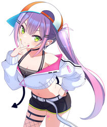  absurdres backwards_hat banana_de_ikopon bare_shoulders baseball_cap breasts choker cleavage closed_mouth colored_inner_hair crop_top cropped_jacket female fishnet_thighhighs fishnets green_eyes hand_on_own_hip hat highres hololive leaning_forward long_hair long_sleeves looking_at_viewer midriff multicolored_hair navel pink_hair purple_hair short_shorts shorts sidelocks single_thighhigh smile solo sticker streaked_hair tail thighhighs tokoyami_towa tokoyami_towa_(1st_costume) twintails v_over_mouth very_long_hair virtual_youtuber 