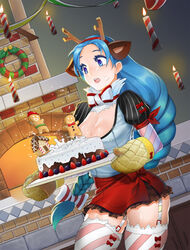  apron big_hair bling_(wnsdud34) blue_eyes blue_hair bow bowtie braid breasts brown_skirt cake candle christmas cleavage commentary_request diagonal-striped_legwear diagonal_stripes dutch_angle elbow_gloves female fireplace floating food food_on_face garter_straps gingerbread_house gingerbread_man gloves holding holding_tray indoors large_breasts long_braid long_hair low-braided_long_hair low-tied_long_hair microskirt open_mouth original oven_mitts parted_bangs photoshop_(medium) pleated_skirt puffy_short_sleeves puffy_sleeves red_apron short_sleeves single_braid skirt solo striped thick_thighs thighhighs thighs tray very_long_hair 