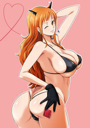  ;) anus anus_peek areola_slip arm_behind_head arm_up ass bikini black_bikini black_gloves black_horns breasts brown_eyes butt_crack condom condom_wrapper covered_nipples earrings female from_behind gloves holding holding_condom horns jewelry large_breasts long_hair looking_at_viewer looking_back minpei_ichigo nami_(one_piece) o-ring o-ring_bikini o-ring_bottom o-ring_top one_eye_closed one_piece orange_hair partially_visible_vulva shiny skindentation smile solo swimsuit tattoo thong_bikini twisted_torso 