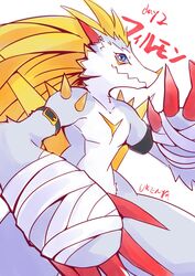  1day1digimon anthro bandage bandai_namco blue_eyes claws digimon digimon_(species) filmon hair hi_res long_hair male pecs red_hair solo spikes zigzag_teeth 