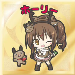  ;d animal animal_ears antlers blush boots brown_arm_warmers brown_dress brown_eyes brown_footwear brown_hair brown_hairband brown_sleeves character_name chibi christmas commentary_request deer_ears detached_sleeves dress fake_animal_ears fake_antlers female flower_knight_girl full_body hair_ornament hairband hairclip holly_(flower_knight_girl) horns index_finger_raised knee_boots long_hair long_sleeves one_eye_closed open_mouth outstretched_arm photoshop_(medium) ponytail reindeer reindeer_antlers reindeer_hair_ornament ri-net sidelocks smile solo standing strapless strapless_dress 