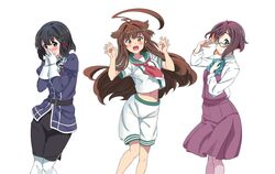  3girls ahoge alternate_skirt_length ao_iro aqua_sailor_collar black_hair black_skirt blue-framed_eyewear bow bowtie brown_eyes brown_hair commentary_request cowboy_shot curled_fingers dress glasses gloves green_eyes grey_legwear haguro_(kancolle) hair_ornament highres huge_ahoge kantai_collection kuma_(kancolle) long_hair looking_at_viewer military military_uniform multicolored_hair multiple_girls okinami_(kancolle) pantyhose pencil_skirt pink_hair purple_shirt remodel_(kantai_collection) sailor_collar school_uniform serafuku shirt short_hair short_sleeves shorts simple_background skirt sleeveless sleeveless_dress standing uniform white_background white_gloves white_shirt white_shorts 