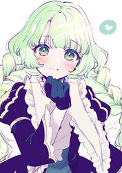  absurdres aikatsu!_(series) aikatsu_planet! black_dress black_gloves braid clenched_hand close-up colored_eyelashes commentary dress female geshumaro gloves green_eyes green_hair heart highres juliet_sleeves limited_palette long_hair long_sleeves puffy_sleeves q-pit shiny_skin signature simple_background smile solo speech_bubble spoken_heart symbol-only_commentary tsukishiro_ayumi twin_braids upper_body very_long_hair white_background 