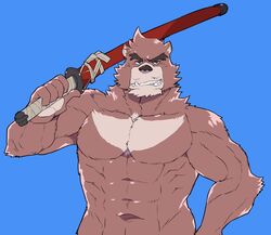  2019 5_fingers abs anthro bear biceps brown_body brown_fur fingers fur hi_res holding_melee_weapon holding_object holding_sword holding_weapon humanoid_hands kumatetsu male mammal melee_weapon muscular muscular_anthro muscular_male pecs red_eyes solo star_parlor studio_chizu sword the_boy_and_the_beast triceps weapon 