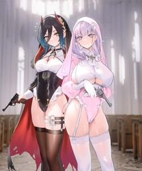  2girls :/ alternate_costume azur_lane bad_id bad_twitter_id black_cape black_hair black_headwear black_leotard blue_hair blurry blurry_background breast_hold breasts bridal_veil brown_thighhighs cape church cirilla_lin cleavage cleavage_cutout closed_mouth clothing_cutout clover_hair_ornament collared_shirt colored_tips cross cross_earrings crotch_zipper ear_piercing earrings eyes_visible_through_hair frills garter_straps gloves gradient_hair gun hair_between_eyes hair_ornament handgun highleg highleg_leotard highres holding holding_gun holding_weapon indoors jewelry large_breasts legs_together leotard long_hair long_sleeves luger_p08 medium_breasts multicolored_hair multiple_girls o-ring o-ring_thigh_strap piercing pink_headwear pink_sleeves plymouth_(azur_lane) puffy_long_sleeves puffy_sleeves purple_eyes purple_hair revolver shirt short_hair sideboob sidelocks slit_pupils smile thigh_strap thighhighs thighs torn_cape torn_clothes ulrich_von_hutten_(azur_lane) underboob underboob_cutout underbust veil weapon webley_revolver white_garter_straps white_gloves white_shirt white_thighhighs yellow_eyes zipper 