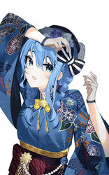  arm_up beret blue_eyes blue_hair blue_kimono bow bowtie braid commentary earrings female fishnet_gloves fishnets floral_print gloves hair_between_eyes hairbow hat hat_bow hololive hoshimachi_suisei hoshimachi_suisei_(new_year) japanese_clothes jewelry kimono long_hair long_sleeves looking_at_viewer mania_(fd6060_60) obi official_alternate_hair_length official_alternate_hairstyle open_mouth sash simple_background solo star_(symbol) star_earrings star_in_eye striped striped_bow symbol-only_commentary symbol_in_eye tassel twin_braids upper_body virtual_youtuber white_background wide_sleeves yellow_bow yellow_bowtie yukata 