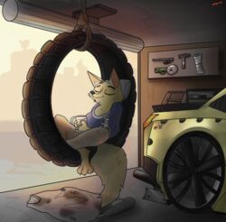  akella ambiguous_gender anthro barefoot biped canid canine car claws closed_eyes clothing container cup detailed_background disney feet fox fur garage holding_container holding_cup holding_object jack_savage light mammal pillow plushie reclining skye_(zootopia) smile solo tire toe_claws tools vehicle yellow_body yellow_fur zootopia 