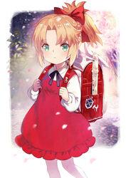  absurdres aged_down aqua_eyes backpack bag blonde_hair blush bow braid commentary dress fate/apocrypha fate_(series) female flute hairbow half_up_braid highres instrument long_hair long_sleeves looking_at_viewer mordred_(fate) mordred_(fate/apocrypha) open_mouth parted_bangs ponytail randoseru recorder red_bow red_dress shirt sidelocks symbol-only_commentary thighs tokopi white_shirt 