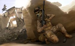  2019 absurd_res anthro canid canine canis codyblue-731 desert digital_media_(artwork) domestic_dog dynamic fight fur hi_res male mammal ruins under_shade war weapon 