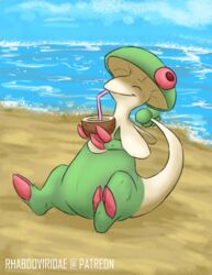  beach beverage breloom closed_eyes conditional_dnp digital_drawing_(artwork) digital_media_(artwork) drinking elemental_creature fungi_fauna fungus generation_3_pokemon hi_res nintendo pokemon pokemon_(species) sea seaside solo water wolftacos 