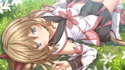  akane_(kunado_kokuki) asahina_hikage black_skirt blonde_hair blue_eyes blush closed_mouth collarbone day detached_sleeves drill_hair female flower game_cg grass hair_between_eyes kunado_kokuki long_hair long_sleeves looking_at_viewer lying miniskirt on_back outdoors pleated_skirt skirt smile solo twin_drills white_flower white_legwear white_sleeves 