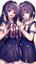  2girls :d absurdres blue_skirt clannad collared_shirt commentary_request fujibayashi_kyou fujibayashi_ryou hair_between_eyes hair_intakes highres hikarizaka_private_high_school_uniform long_hair looking_at_viewer making-of_available marutenmaruten miniskirt multiple_girls neck_ribbon open_mouth purple_eyes purple_hair red_ribbon ribbon sailor_collar sailor_shirt school_uniform shirt short_sleeves siblings simple_background sisters skirt smile standing suspender_skirt suspenders thighhighs twins white_background white_legwear white_shirt zettai_ryouiki 