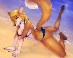  2019 4_toes 5:4 5_fingers anthro barefoot beach bikini biped blonde_hair canid canine clothed clothing day detailed_background digital_media_(artwork) eyebrows eyelashes feet female fingers fox fur green_eyes hair looking_at_viewer mammal monian orange_body orange_fur outside sand seaside shoreline smile solo swimwear toes water 