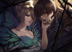  1boy 1other adventurer_(ff14) armor bare_shoulders black_armor blonde_hair blood blood_from_mouth blood_on_face blue_eyes braid breasts brown_hair butterfly_wings cleavage collarbone dark_knight_(final_fantasy) earrings facial_hair final_fantasy final_fantasy_xiv flower grabbing_another&#039;s_chin hair_flower hair_ornament hair_over_one_eye hand_on_another&#039;s_chin hyur insect_wings jewelry on_(isk1812) one_eye_covered open_mouth parted_lips pauldrons pixie_(ff14) plate pointy_ears short_hair shoulder_armor spoilers stubble tiara titania_(final_fantasy) upper_body warrior_of_light_(ff14) wings 