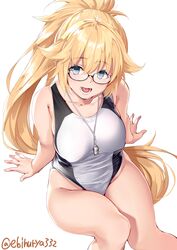  absurdres bare_arms bare_legs bare_shoulders black-framed_eyewear blonde_hair blue_eyes blush collarbone commentary_request competition_swimsuit ebifurya fantia_reward fate/grand_order fate_(series) female from_above glasses hair_between_eyes highleg highleg_swimsuit highres jeanne_d&#039;arc_(fate) jeanne_d&#039;arc_(swimsuit_archer)_(fate) jeanne_d&#039;arc_(swimsuit_archer)_(second_ascension)_(fate) long_hair looking_at_viewer one-piece_swimsuit open_mouth paid_reward ponytail solo swimsuit thighs very_long_hair whistle whistle_around_neck white_background white_one-piece_swimsuit 