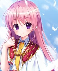  ahoge aiyoku_no_eustia blue_sky blush cariboy closed_mouth cloud collared_shirt commentary day eustia_astraea feathers female hair_between_eyes hand_up long_hair looking_at_viewer necktie outdoors pink_hair purple_eyes shirt short_sleeves sky smile solo symbol-only_commentary upper_body white_feathers white_shirt yellow_necktie 