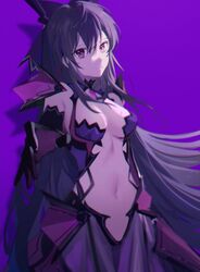  armor black_gloves black_hair bow breasts cleavage closed_mouth date_a_live elbow_gloves faulds female floating_hair gloves hair_between_eyes hairbow long_hair medium_breasts navel nogi_lace purple_background purple_bow purple_eyes purple_skirt reaching reaching_towards_viewer revealing_clothes shadow skirt solo standing very_long_hair yatogami_tenka yatogami_tooka 