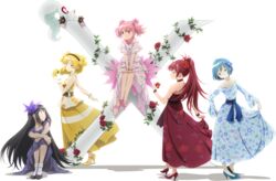  5girls akemi_homura alstroemeria_(flower) alternate_costume alternate_hairstyle apple arm_at_side arm_support bare_arms bare_back bare_shoulders bellflower belt black_hair black_hairband blonde_hair blouse blue_dress blue_eyes blue_flower blue_footwear blue_hair braid breasts brown_belt brown_flower camellia camellia_print chewing chinese_bellflower closed_mouth collarbone commentary_request contrapposto creature dot_nose dress earrings facing_viewer flat_chest floral_print flower food forget-me-not_(flower) formal frills from_behind fruit full_body fur-trimmed_shirt fur_trim gloves grey_footwear grin hair_between_eyes hair_flower hair_ornament hairband half-closed_eyes hand_up hands_on_lap hands_on_own_knees head_tilt high_collar high_heels high_ponytail holding holding_food holding_fruit jewelry kamchatka_lily kaname_madoka kyuubee leaf legs_together light_blush light_smile lineup long_dress long_hair long_skirt long_sleeves looking_afar looking_at_another looking_back looking_down looking_up mahou_shoujo_madoka_magica mahou_shoujo_madoka_magica_(anime) medium_breasts miki_sayaka multiple_girls off-shoulder_dress off_shoulder official_art oversized_flower parted_lips pink_dress pink_eyes pink_footwear pink_hair pink_scrunchie plant ponytail profile purple_dress purple_flower red_flower red_footwear red_hair red_rose ring roman_numeral rose sakura_kyoko scrunchie shadow shirt shoes short_hair short_sleeves short_twintails shoulder_blades side_braid sidelocks sitting skirt skirt_hold sleeveless sleeveless_shirt smile socks spiked_hair standing straight_hair taniguchi_jun&#039;ichirou tareme third-party_source tomoe_mami transparent_background twintails v_arms waist_cape white_gloves white_legwear wide_sleeves wristband yellow_eyes yellow_flower yellow_footwear yellow_skirt 