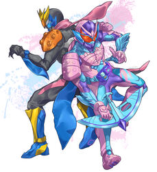  2boys absurdres animal_hood armor assault_visor back-to-back blue_eyes blue_scarf bow_(weapon) extra_eyes highres hood huujyu japanese_armor kamakiri_genome kamen_rider kamen_rider_revi kamen_rider_revice kamen_rider_vice male_focus multiple_boys orange_armor orange_eyes pink_armor pink_scarf praying_mantis revice_driver samurai scarf tokusatsu vistamp weapon 