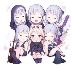  6+girls absurdres ak-12_(age_of_slushies)_(girls&#039;_frontline) ak-12_(girls&#039;_frontline) ak-12_(quiet_azure)_(girls&#039;_frontline) alternate_costume an-94_(girls&#039;_frontline) bad_id bad_pixiv_id black_ribbon blonde_hair blue_eyes blush braid chibi closed_eyes closed_mouth commentary dress food french_braid full_body girls&#039;_frontline gloves grey_hair hair_ornament hairband highres jacket long_hair long_sleeves looking_at_another multiple_girls multiple_persona nun official_alternate_costume open_mouth ponytail ribbon shaved_ice sidelocks simple_background sitting smile surfboard tori_(user_hghr2284) traditional_nun very_long_hair 