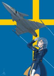  absurdres aircraft airplane belt black_neckwear blue_eyes blue_hair breasts coat_of_arms commentary dated female flag_background gloves gotland_(kancolle) highres jet kantai_collection laminar_flow long_hair military military_uniform open_mouth saab_gripen sailor_collar signature solo svenska_flygvapnet swedish_flag tre_kronor uniform vehicle_focus white_gloves 