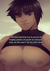  1boy ari_(arilibella) bara bare_pectorals black_hair black_tank_top clothes_lift dark-skinned_male dark_skin english_text highres huge_eyebrows i_started_working_out_to_be_healthier_now_my_tits_won&#039;t_let_my_shirt_down_(meme) impact_(font) large_pectorals male_focus meme might_guy muscular muscular_male naruto_(series) naruto_shippuuden nipples pectoral_focus pectorals scar scar_on_chest shirt_lift short_hair smile solo tank_top thick_lips 